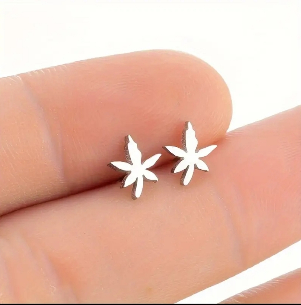 2 Pairs Of Silver 420 Weed Leaf Stainless Steel Stud Earrings 4×(OS)